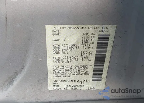 2012 Nissan Armada Sv/Sl/Platinum from USA, damaged, VIN 5N1BA0ND9CN621984